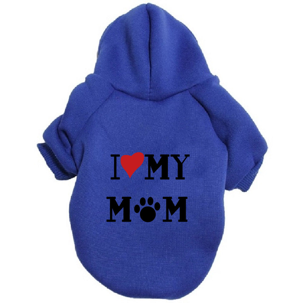 Blue pet hoodie with 'I ❤️ MY ♥♥♥' text on a white background