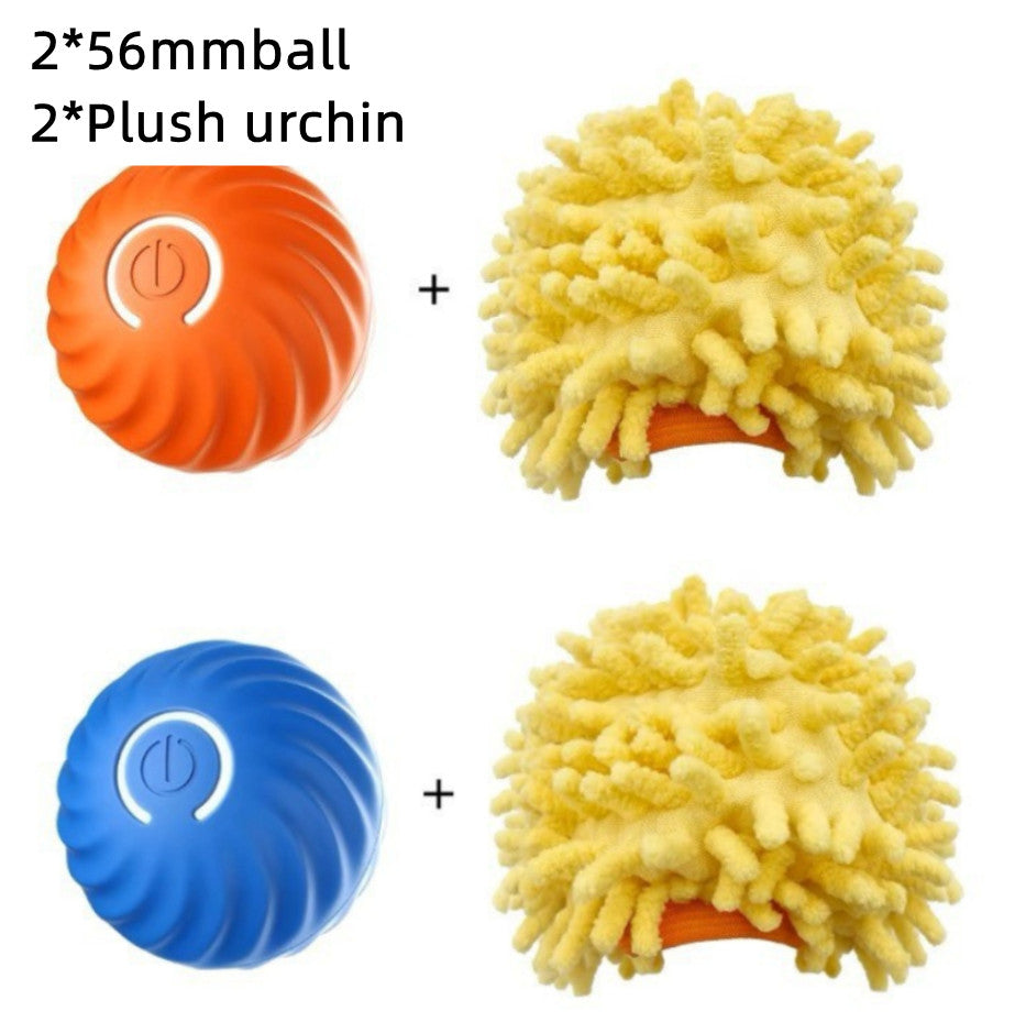 Two orange and blue textured balls with plush yellow 'urchin' attachments on a white background.