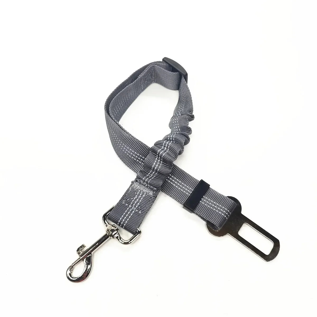 Gray plaid dog leash with a clip on a white background
