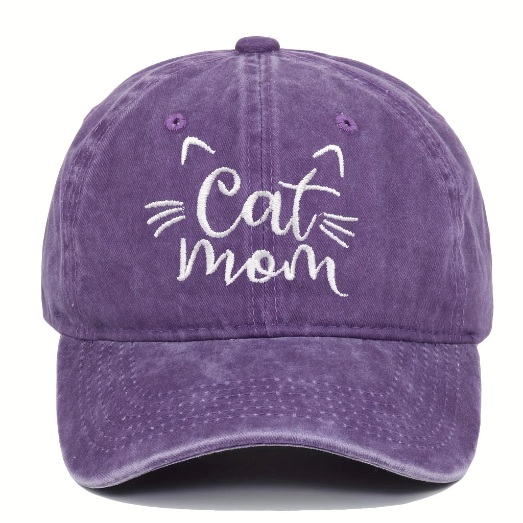 Purple cap with 'Cat Mom' text and cat whiskers on a white background