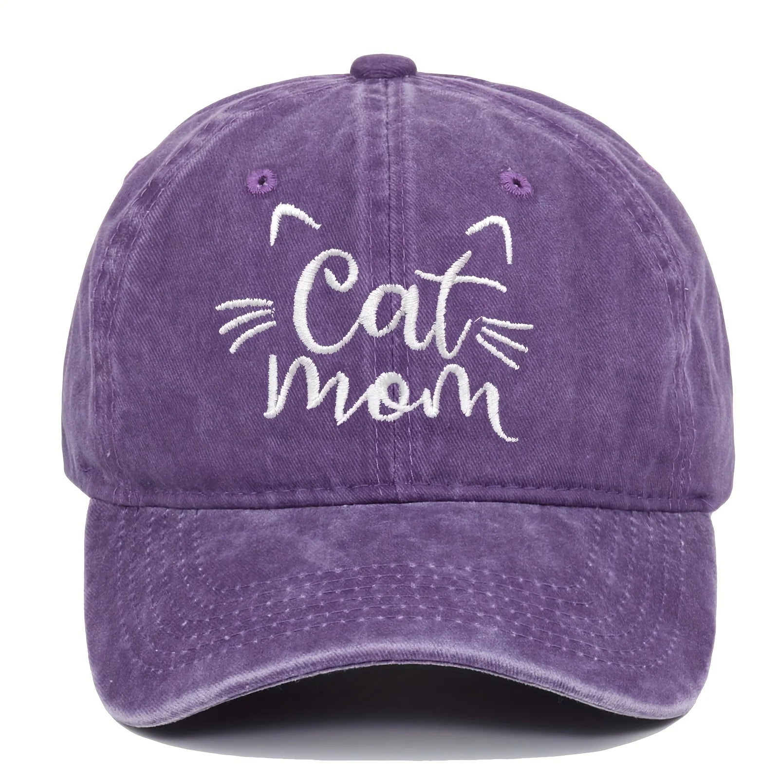 Purple cap with 'Cat Mom' text and cat whiskers on a white background