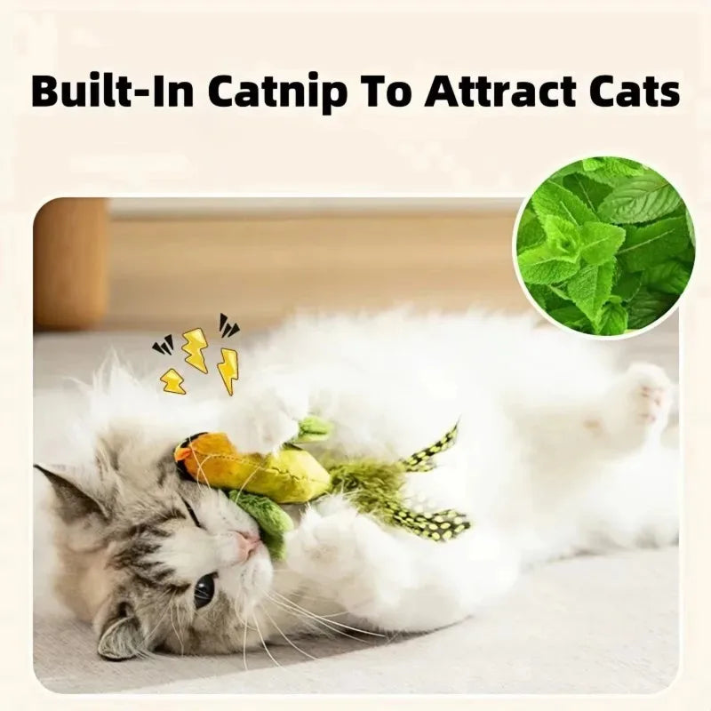 Cat playing with a toy featuring built-in catnip, with a close-up of catnip leaves.