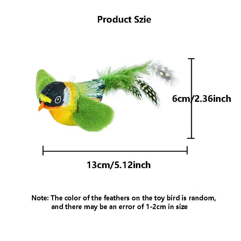 Measurement chart of a toy bird with dimensions and color note on a white background