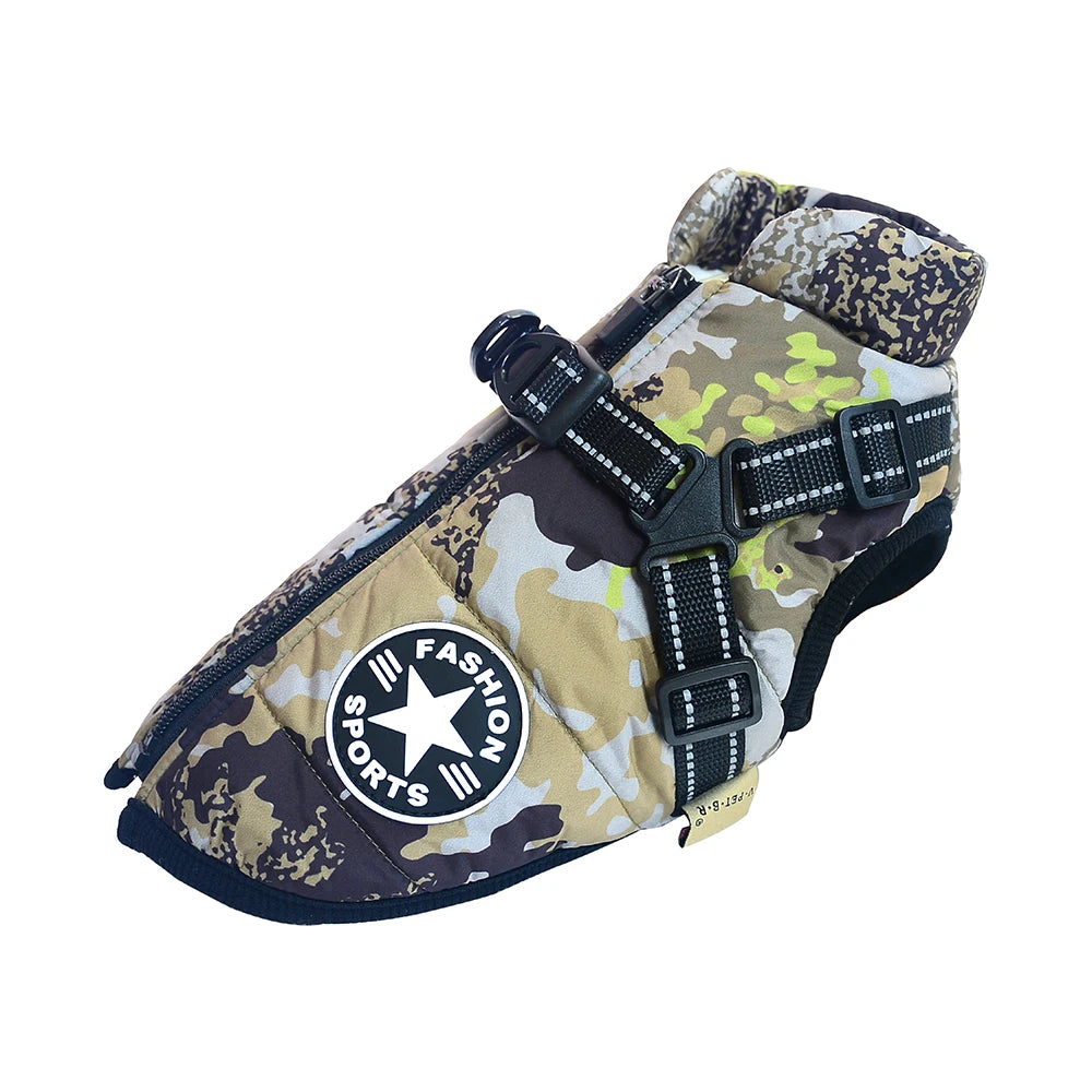 Camouflage dog harness with a visible brand logo on a white background