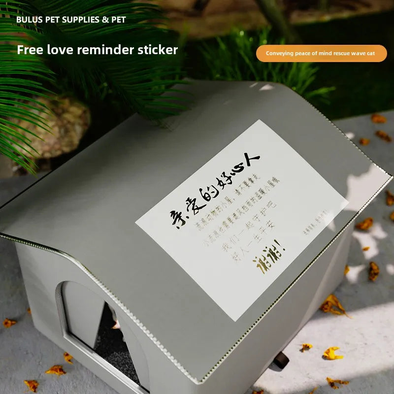 Pet product with a free love reminder sticker on a surface with greenery in the background