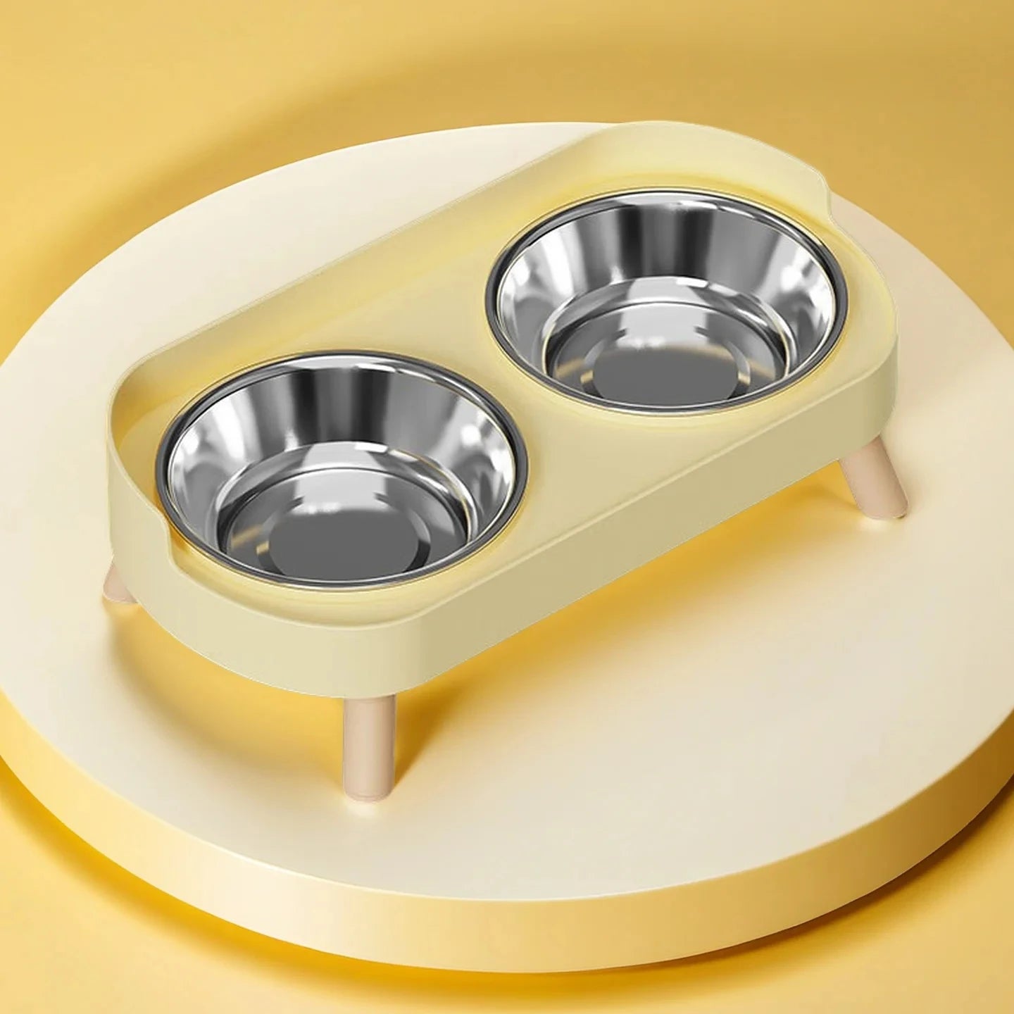 Pet bowl feeder with two stainless steel bowls on a yellow background