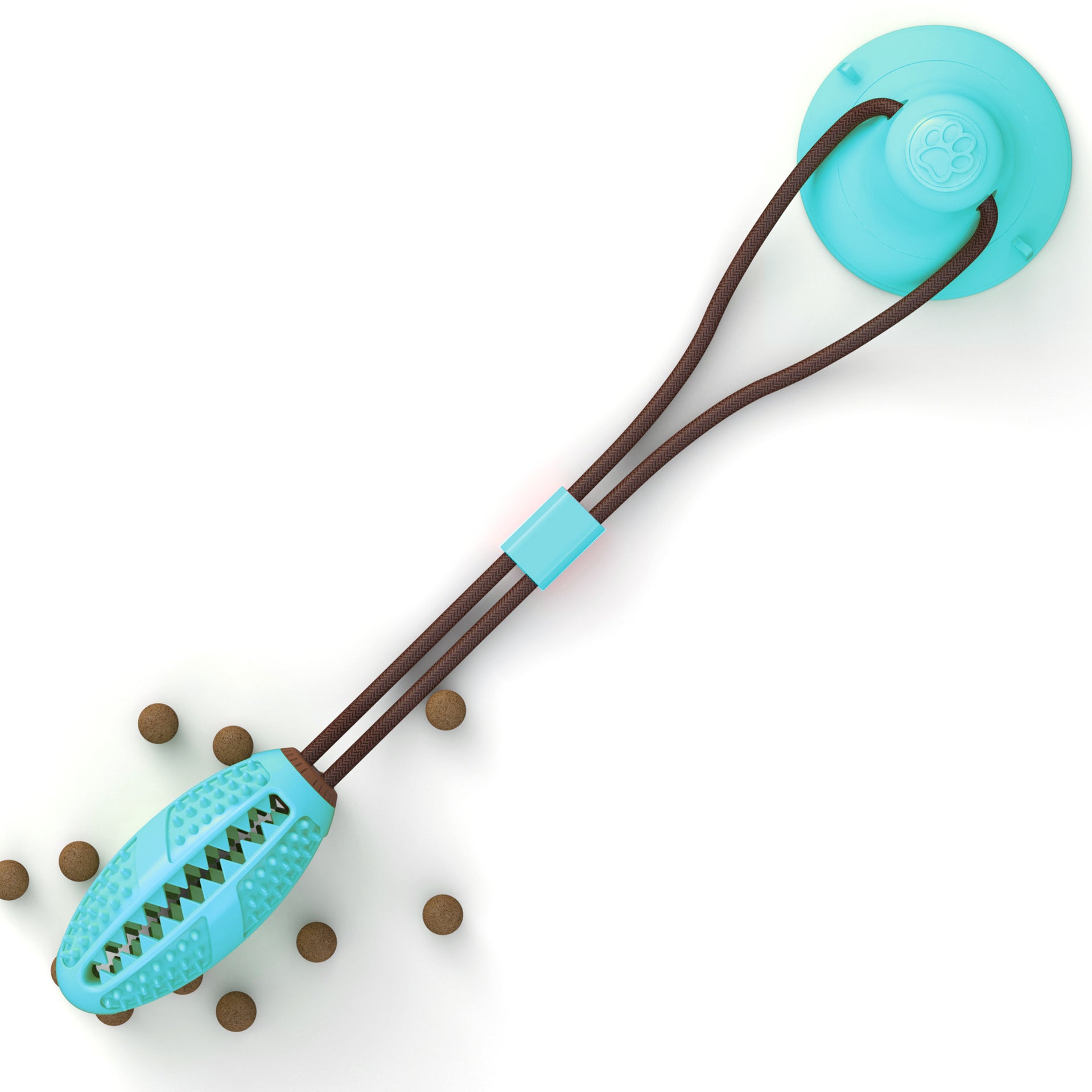 Dog toy with a brown handle and blue rubber parts on a white background