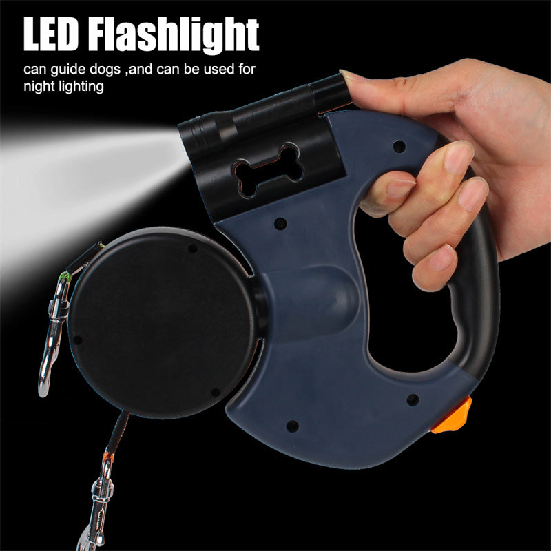 Retractable LED flashlight held by a hand with text on a black background