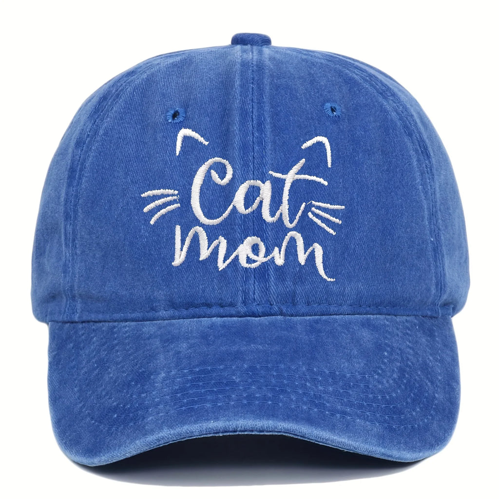 Blue cap with 'Cat Mom' text and cat ears on a white background