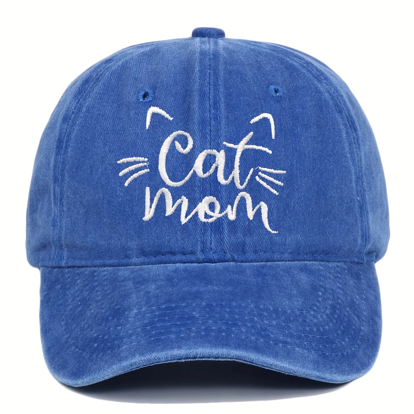 Blue cap with 'Cat Mom' text and cat ears on a white background
