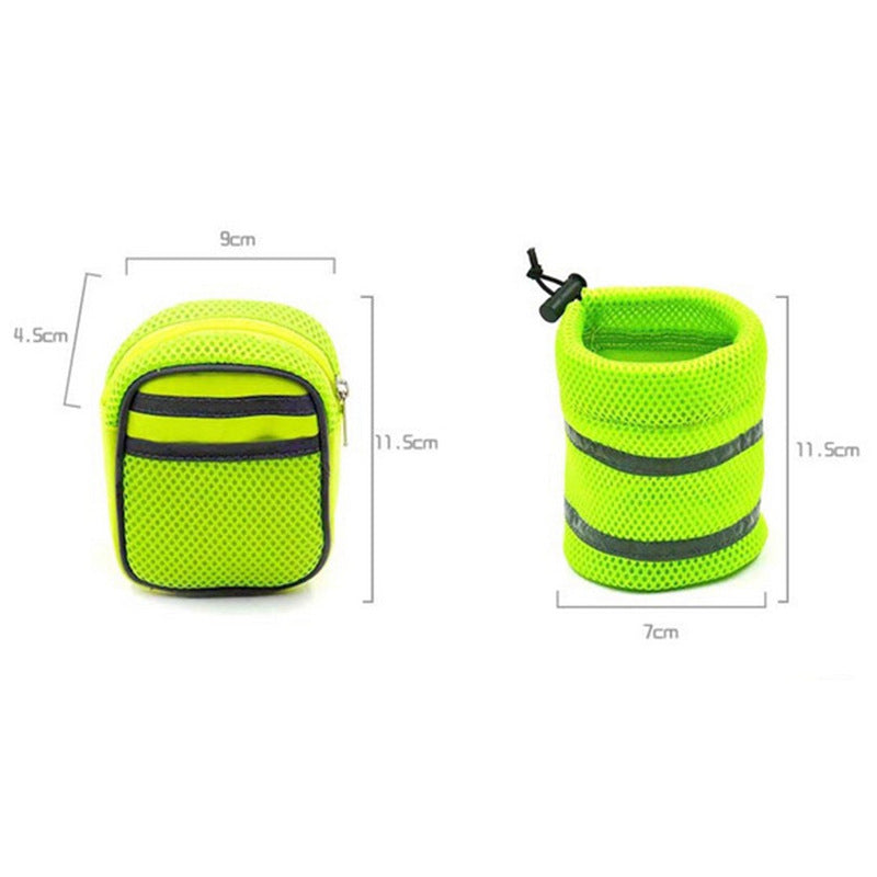 Two green pouches with reflective stripes and measurements on a white background