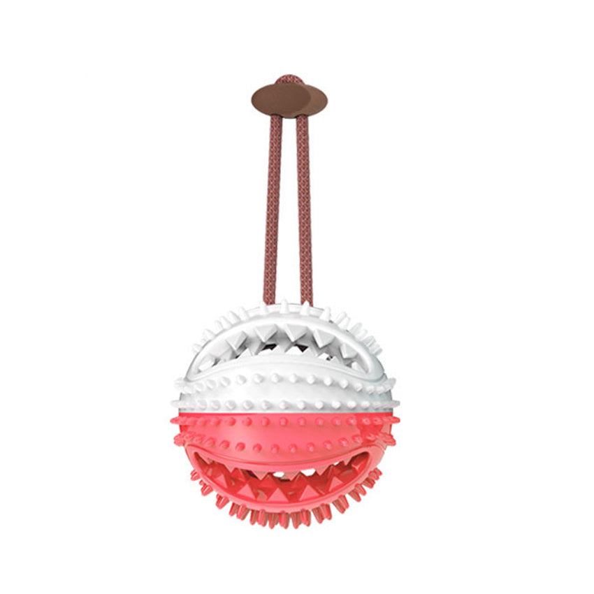 Pink and white textured ball with a rope on a white background