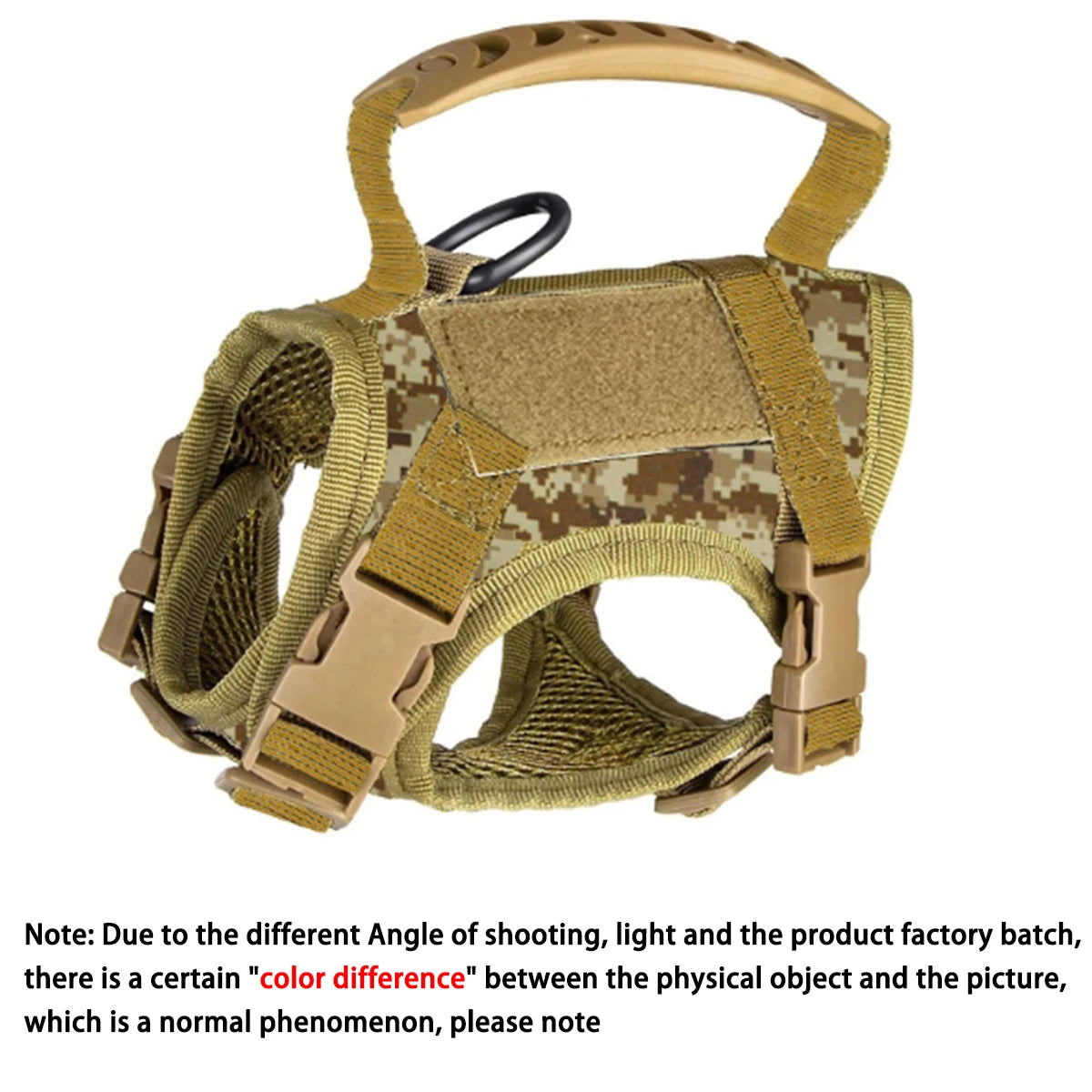 Camouflage dog harness with tactical design on a white background
