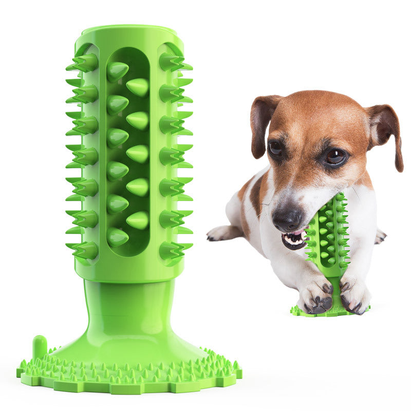 Green dog toy with textured surface and a dog holding it in its mouth on a white background