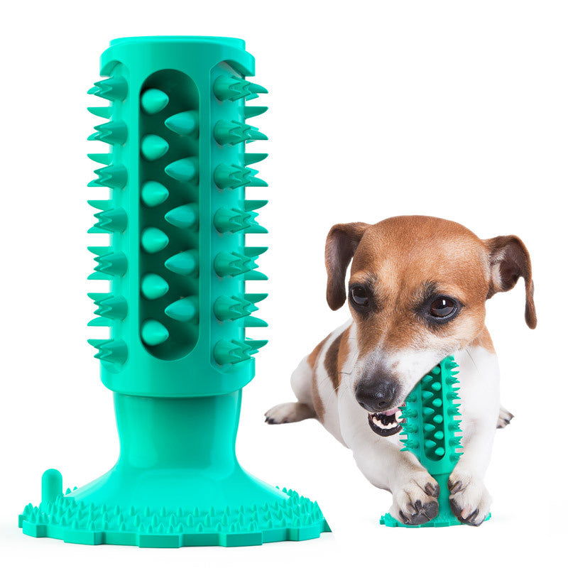 Teal dog toy with textured surface and a dog playing with it on a white background