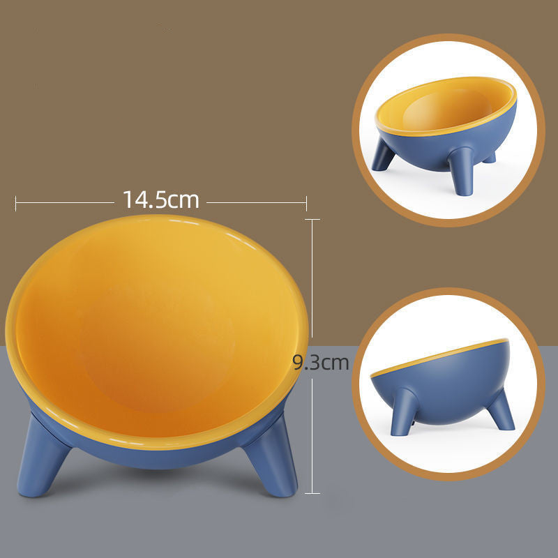 Yellow and blue stool with dimensions on a brown and gray background