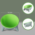 Green and gray pet bowl with measurements on a gray background