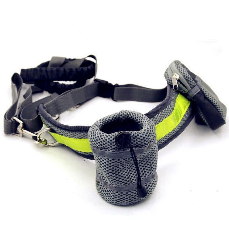 Dog harness and leash set with a pouch on a white background