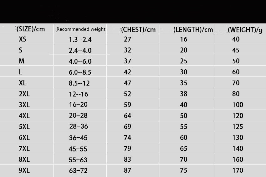 Size chart with measurements for clothing in centimeters and grams.