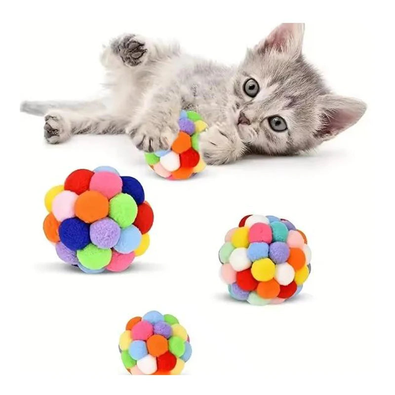 Cat playing with colorful pom-pom balls and a ring toy on a white background
