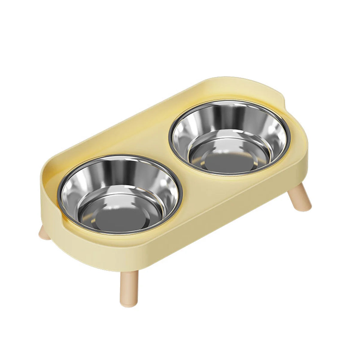 Double pet bowl feeder with metal bowls on a beige stand against a white background