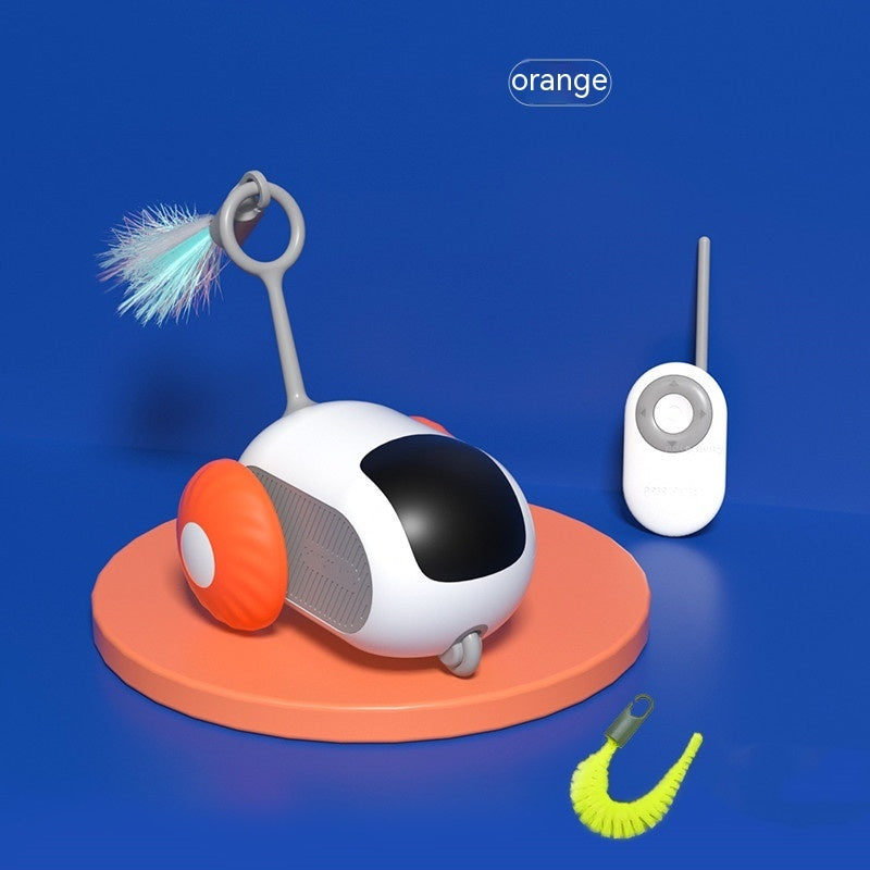 Pet toy with remote control on a blue background, featuring the brand 'orange'.