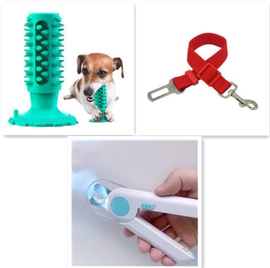 Collage of pet products including a green toothbrush, red leash, and white grooming tool.