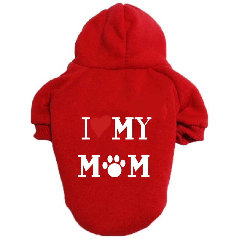 Red pet hoodie with 'I ❤️ MY MOM' text on a white background