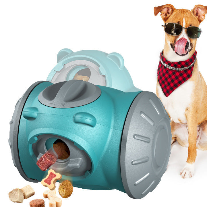 Pet toy with treats and a dog wearing sunglasses and a bandana on a white background