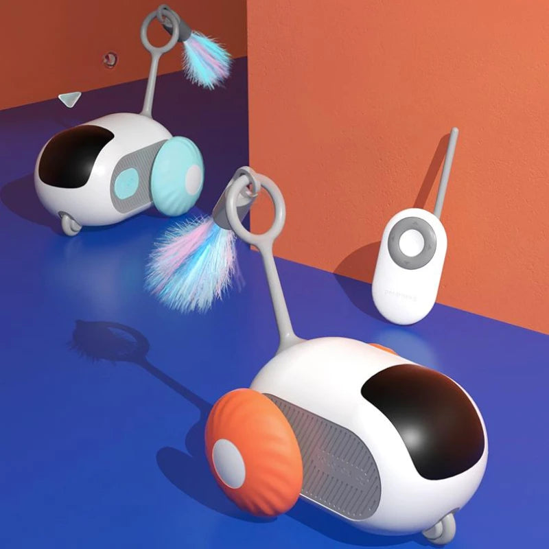 Three robot-like devices on a blue and orange background