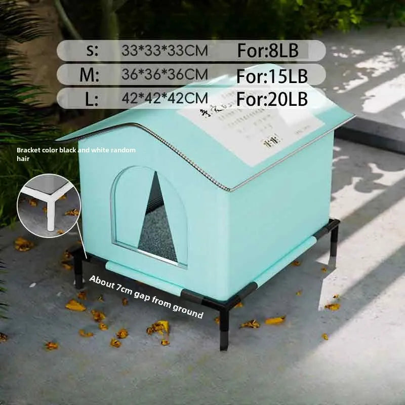 Pet house with size chart and weight capacity on a concrete surface.