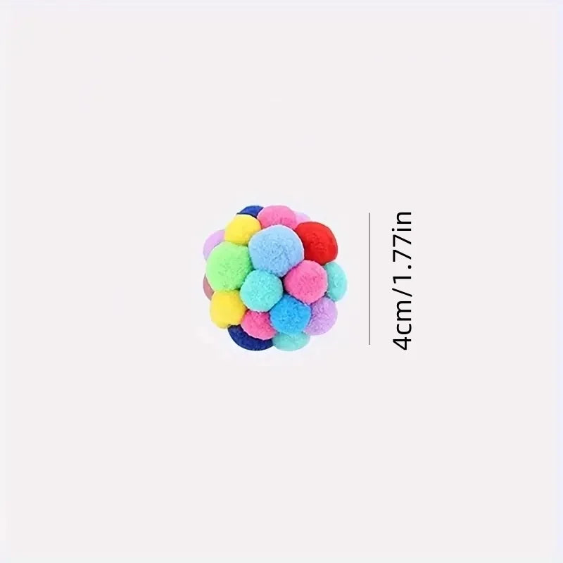 Multicolored pom-pom ball with a measurement label on a light gray background