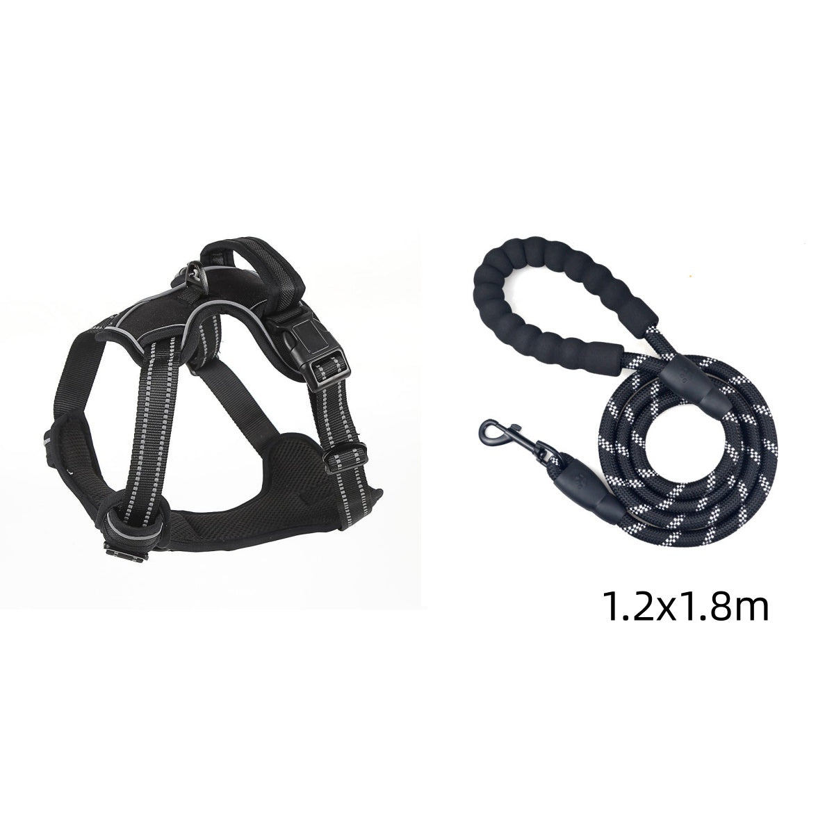 Black dog harness and leash set on a white background