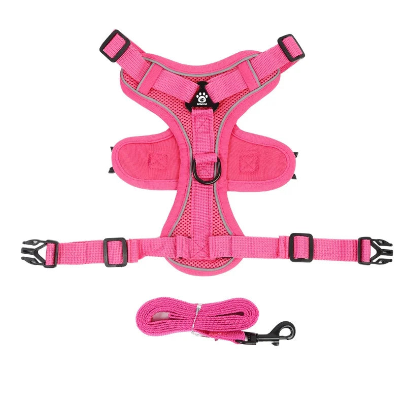 Pink dog harness with reflective stripes and a leash on a white background