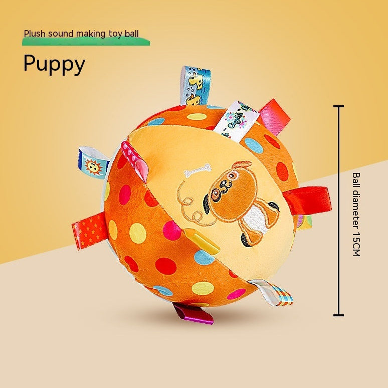 Colorful plush toy ball with a dog design on a beige background