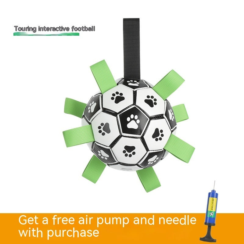 Interactive football with green straps and paw prints on a white background