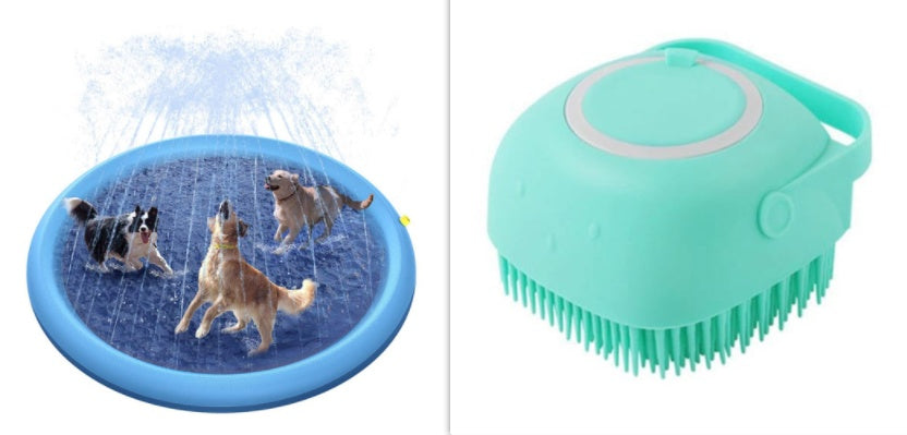 Two products: a blue splash pad with water sprays and a green pet grooming brush on a white background.
