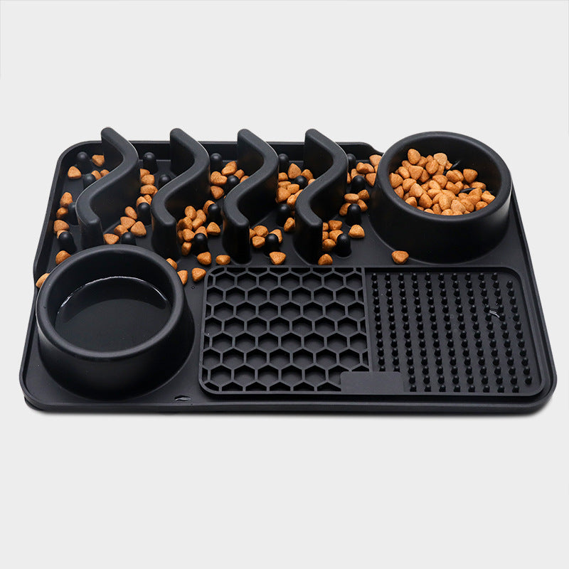 Black pet feeding and water station with food on a light gray background