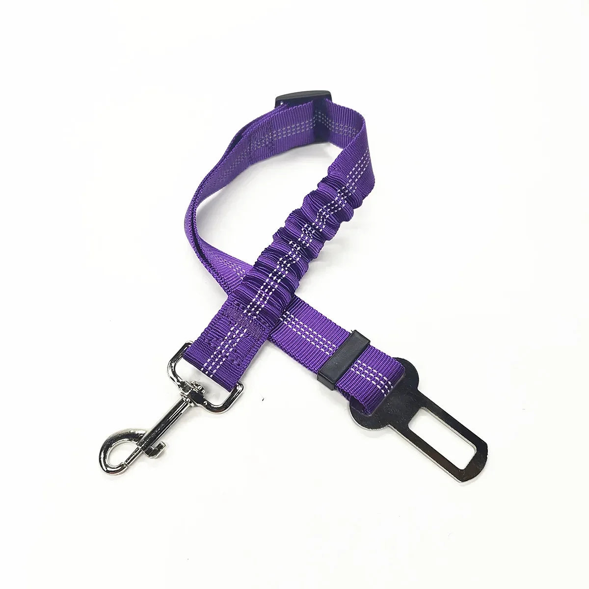 Purple dog leash with a black clip on a white background
