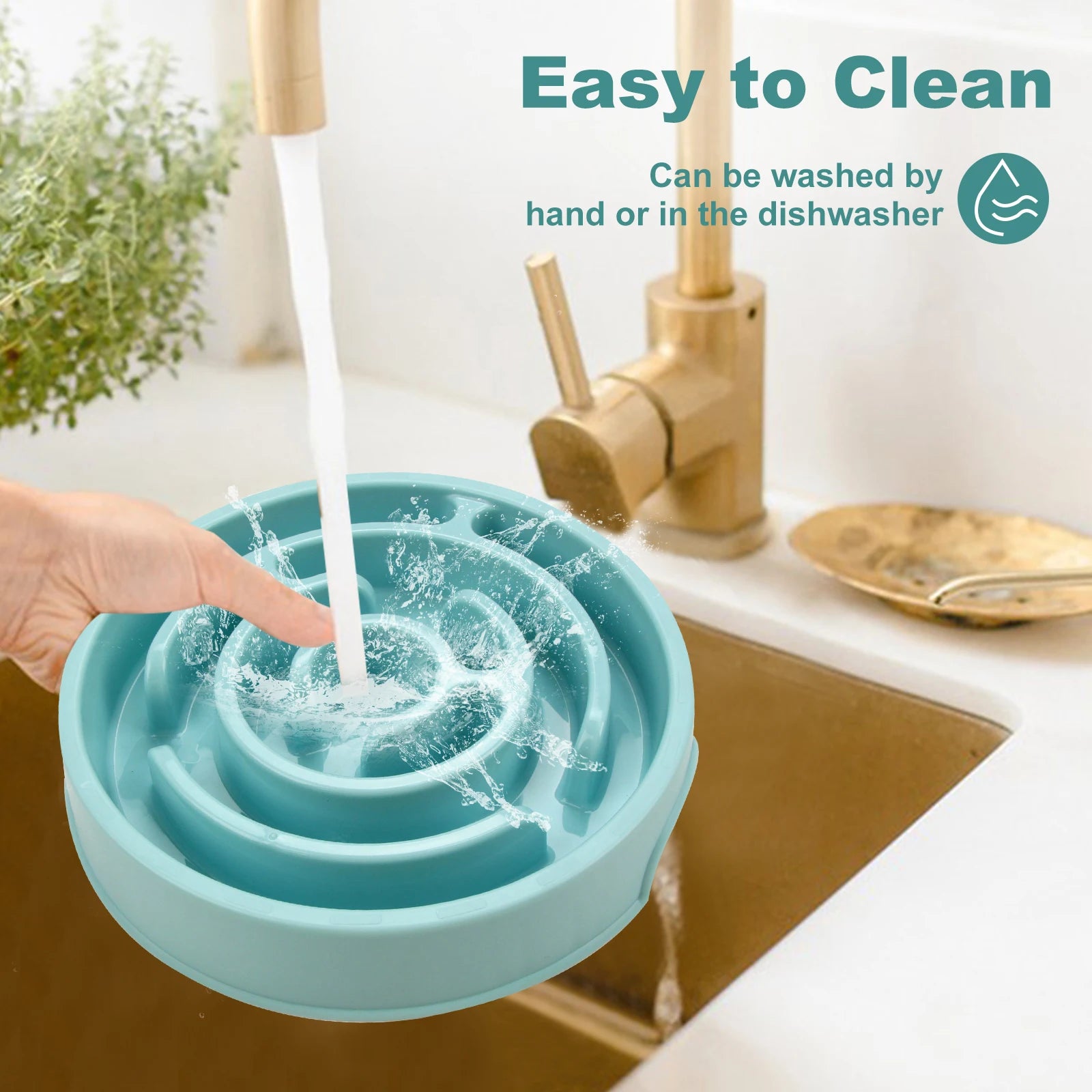 Blue silicone bowl being rinsed under running water with text indicating it's easy to clean.