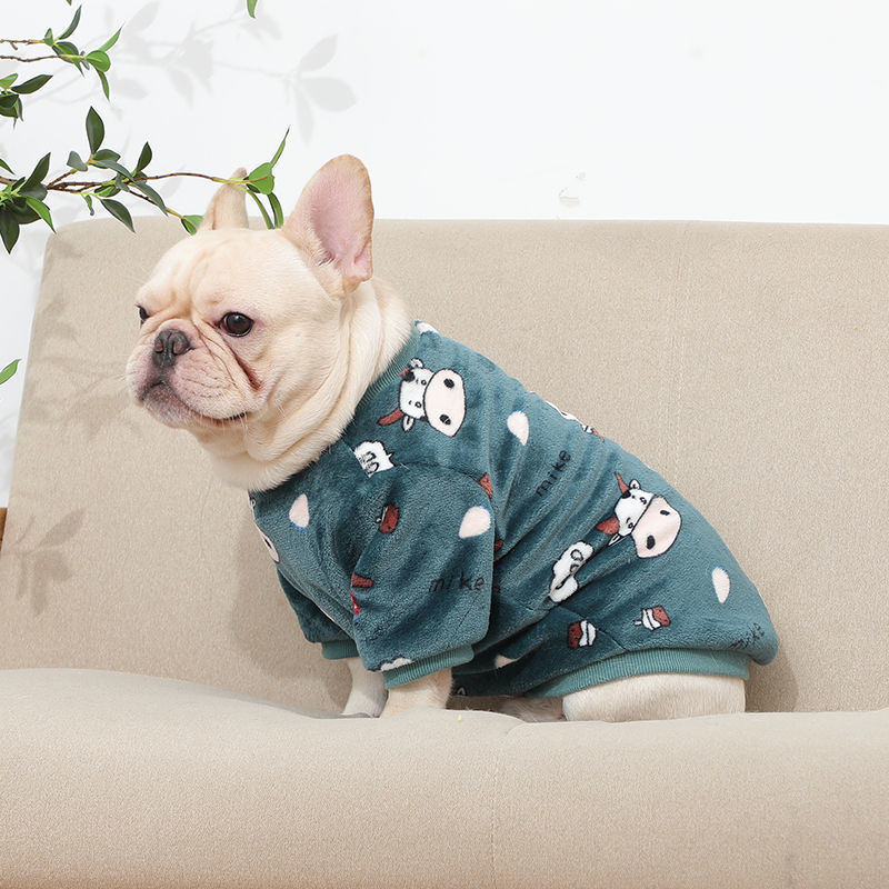 Dog wearing a blue sweater with cartoon designs on a beige couch.
