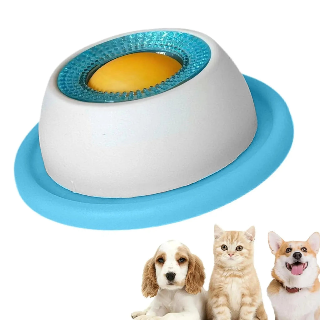 Pet toy with blue base and white top, featuring images of a dog, cat, and another dog at the bottom.