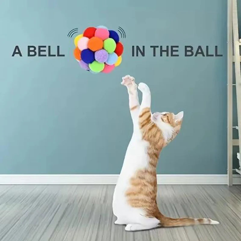 Cat playing with a colorful ball with a bell inside on a blue wall.