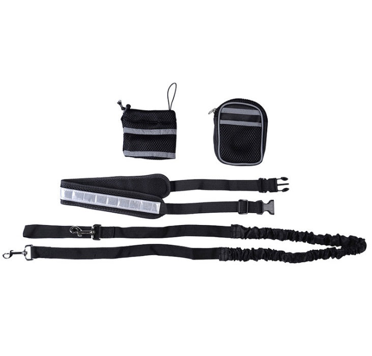 Set of black dog training equipment including a leash, collar, and two pouches on a white background.