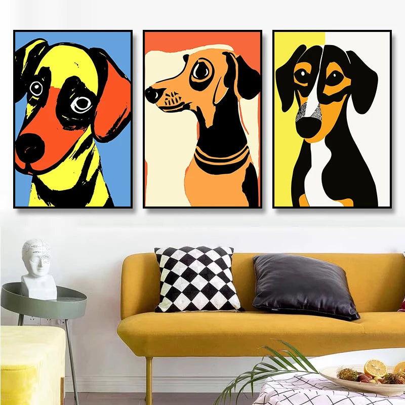 1pc frameless Canvas Painting Colorful Bulldog Sausage Dog Cute Dachshund Portrait Poster Canvas Painting And Print Pop Art Wall