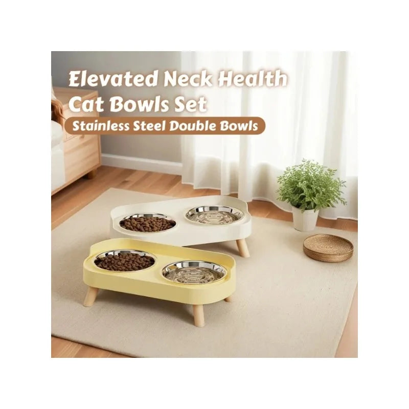 Elevated cat bowls set with stainless steel double bowls on a light-colored rug.