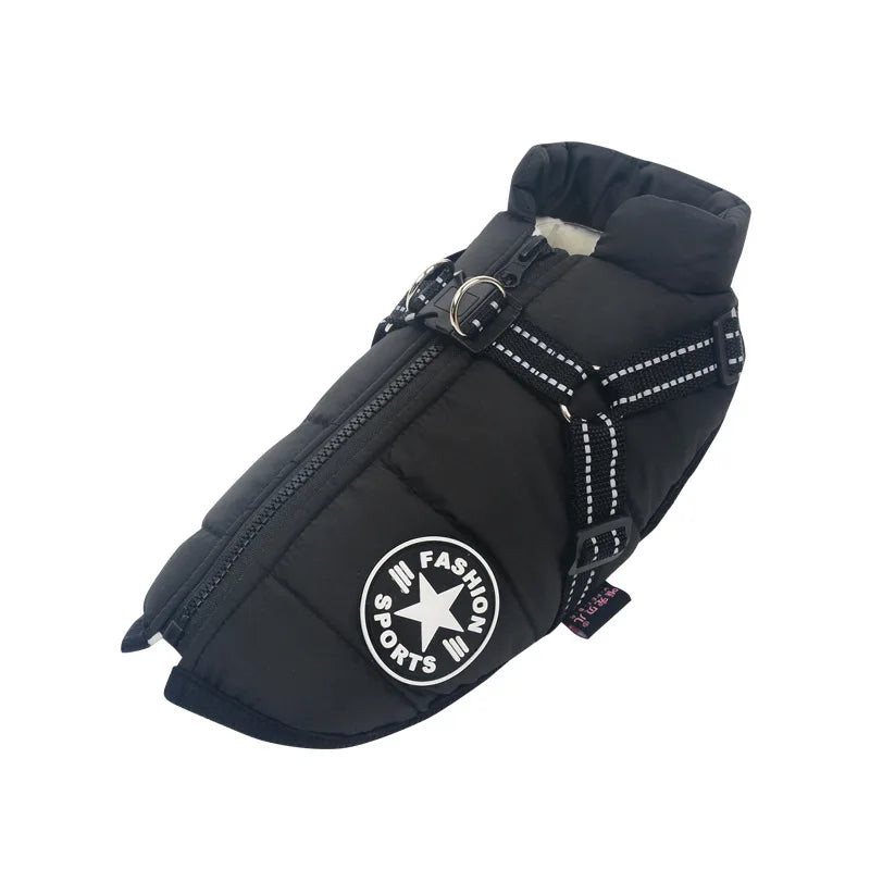 Black dog jacket with a visible brand logo on a white background