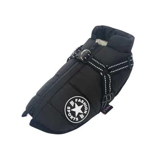 Black dog jacket with a visible brand logo on a white background