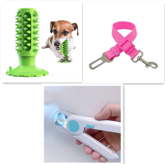 Collage of a green dog toy, a pink dog leash, and a white LED light.