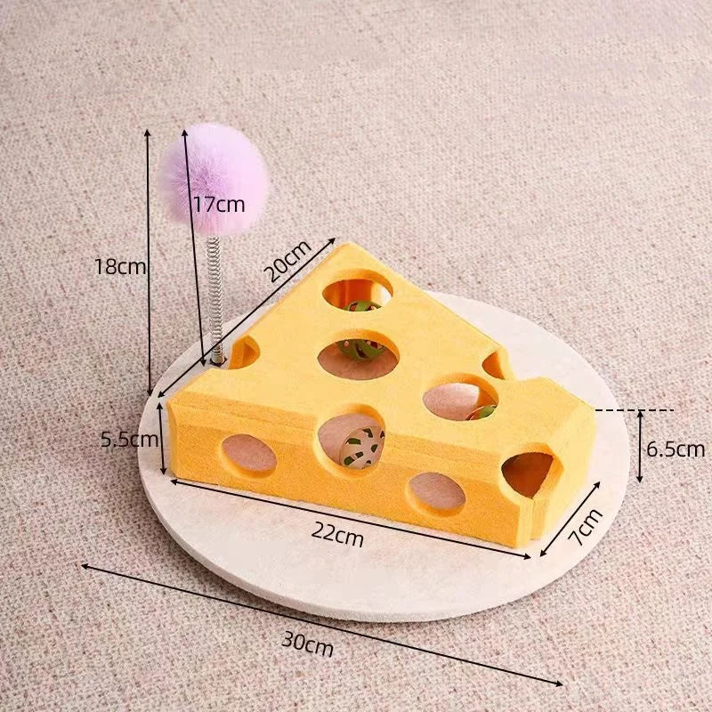 Cheese-shaped cat toy with dimensions on a beige background